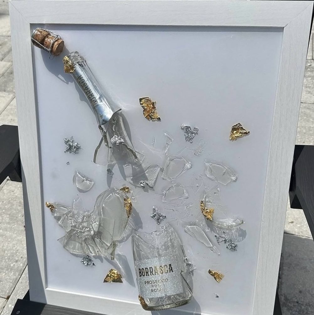 Borrasca prosecco rose bottle preserved by hand with gold leaf and silver, framed as one of one wall art