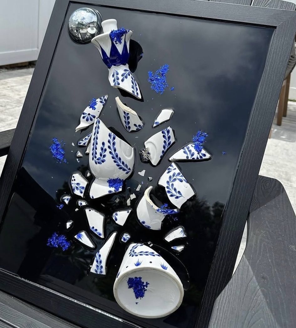 Hand-painted porcelain bottle preserved by hand in blue, framed as one of one wall art