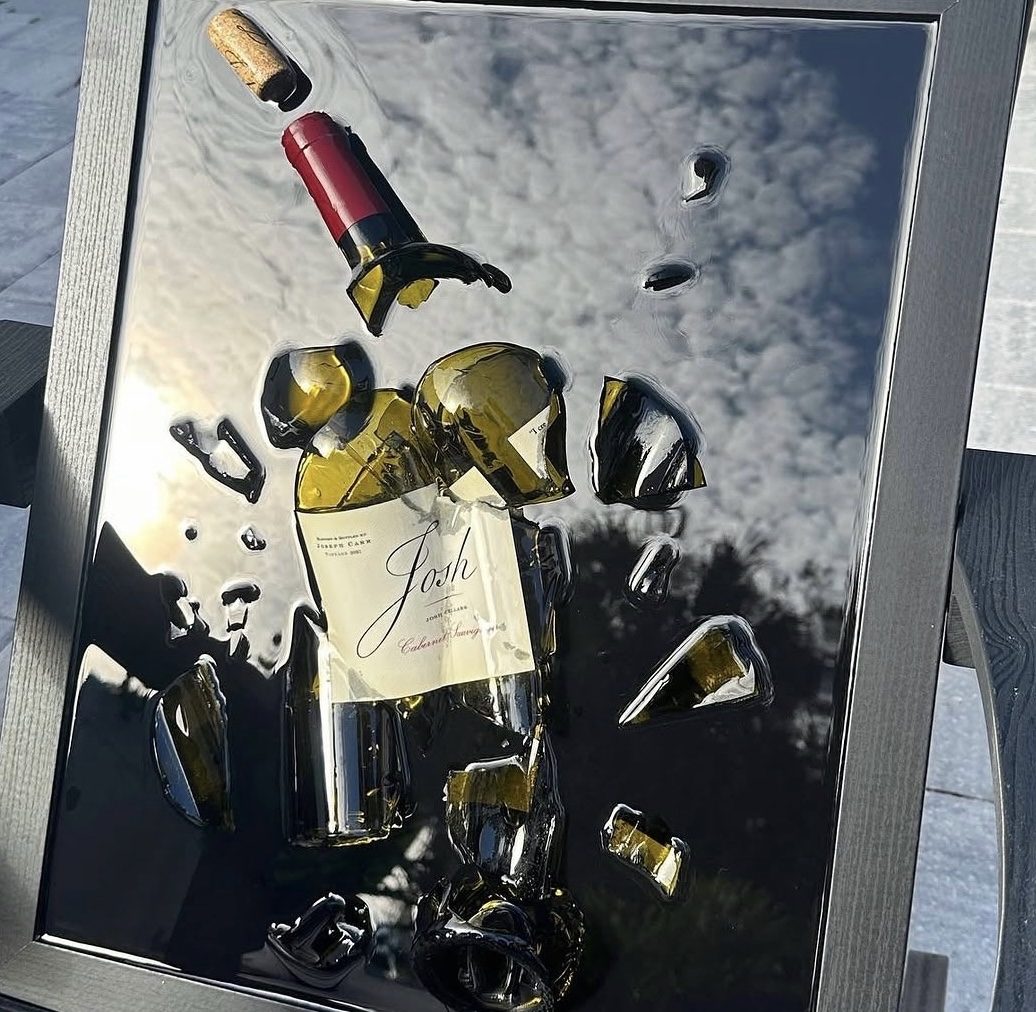 Josh cabernet wine bottle preserved by hand, framed in silver as one of one wall art