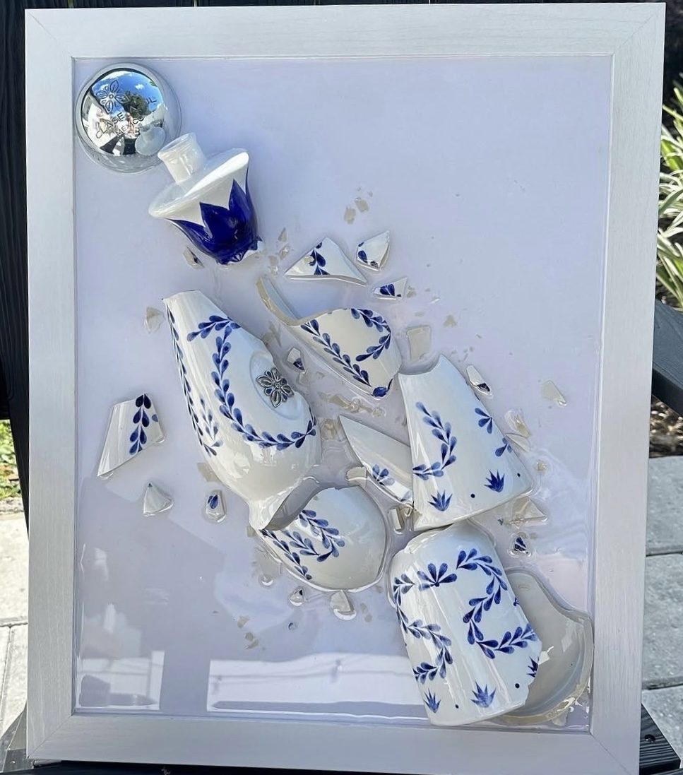 Porcelain bottle in floral bloom preserved by hand, framed in white as one of one wall art